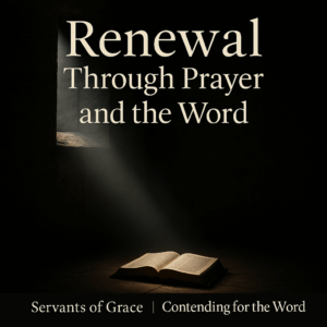 An open Bible sits on the floor of a dark stone room as a beam of light shines through a small window above, illuminating the pages. The title ‘Renewal Through Prayer and the Word’ appears in large serif text above, with a black banner at the bottom displaying ‘Servants of Grace | Contending for the Word.