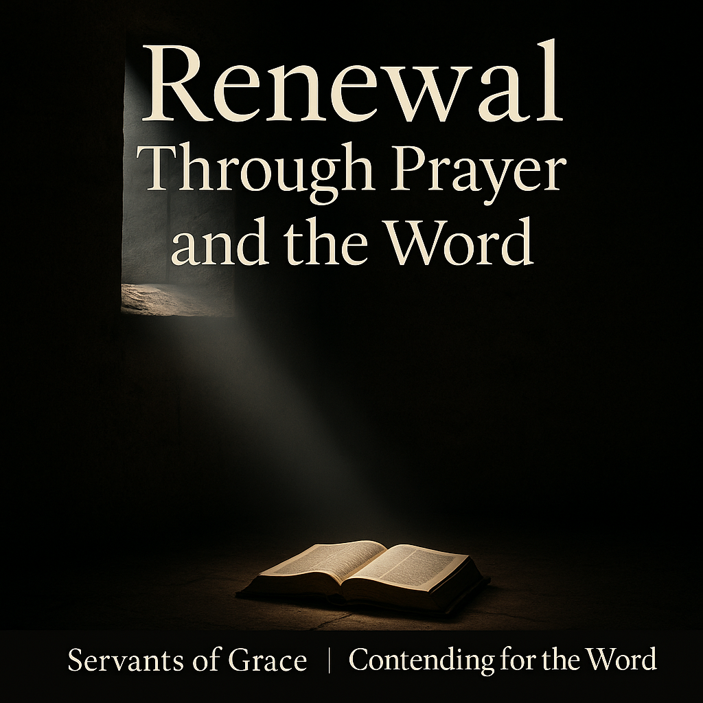 An open Bible sits on the floor of a dark stone room as a beam of light shines through a small window above, illuminating the pages. The title ‘Renewal Through Prayer and the Word’ appears in large serif text above, with a black banner at the bottom displaying ‘Servants of Grace | Contending for the Word.