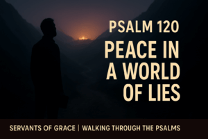 Thumbnail for a Psalm 120 sermon showing a dark valley road at dusk leading toward a warm light on a distant hill, with the silhouette of a person holding a Bible and the text “Psalm 120 – Peace in a World of Lies” above a bottom brand bar that reads “Servants of Grace | Walking Through the Psalms.
