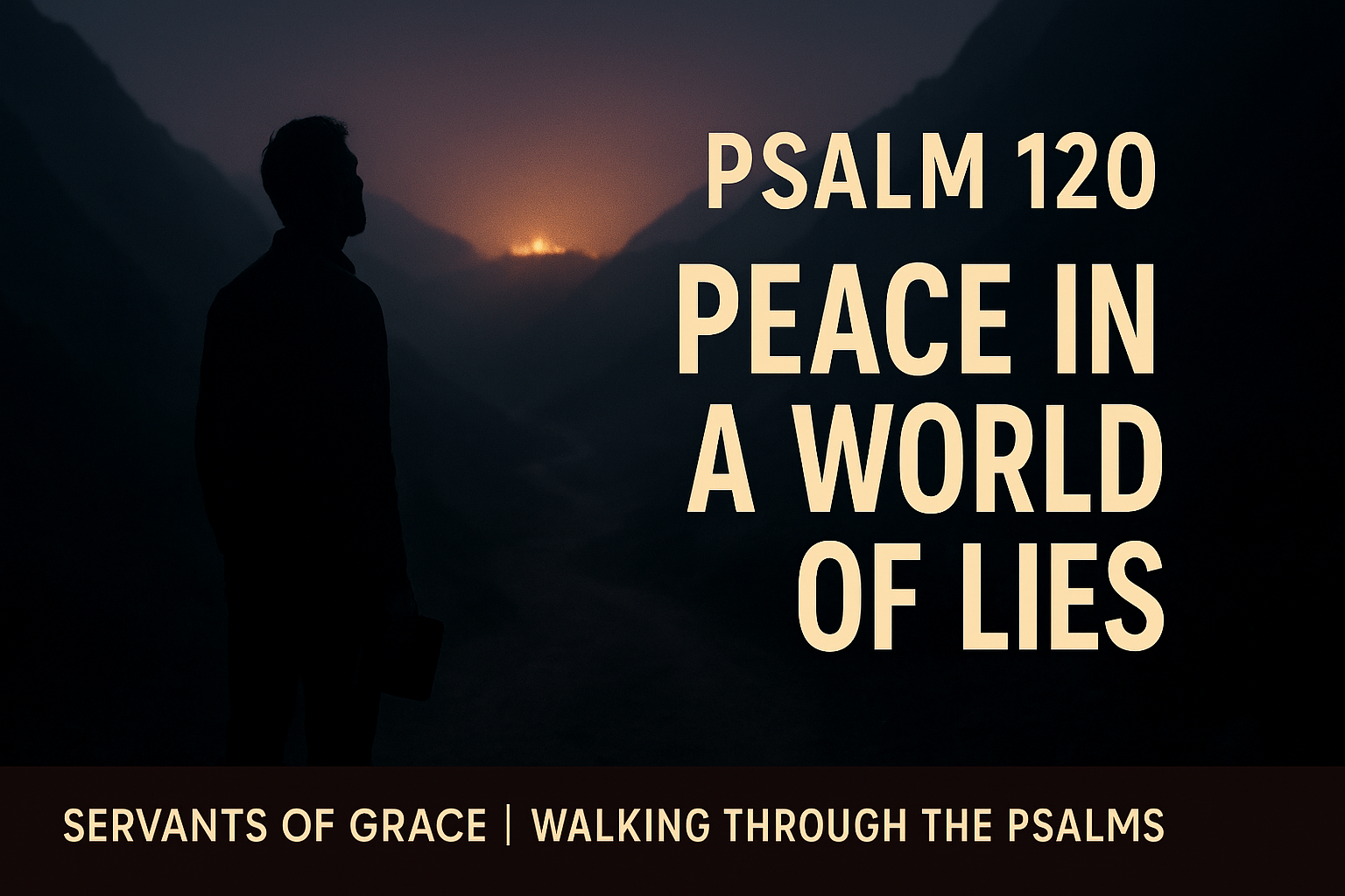 Thumbnail for a Psalm 120 sermon showing a dark valley road at dusk leading toward a warm light on a distant hill, with the silhouette of a person holding a Bible and the text “Psalm 120 – Peace in a World of Lies” above a bottom brand bar that reads “Servants of Grace | Walking Through the Psalms.