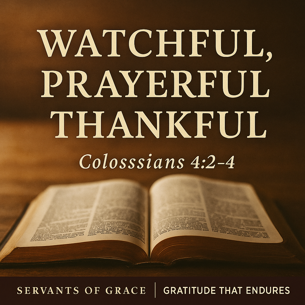 Open Bible on a wooden table lit by warm morning light with parchment tones, featuring the title ‘Watchful, Prayerful, Thankful – Colossians 4:2–4’ and the Servants of Grace brand bar.