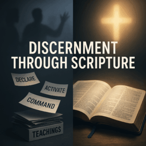 A split-screen image comparing false teachings and biblical truth. The left side is dark and blurred, showing shadowy figures with papers labeled ‘Declare,’ ‘Activate,’ and ‘Command’ piled on top of a box marked ‘Teachings.’ The right side is bright and warm, featuring an open Bible illuminated by a glowing cross. Large text across the center reads ‘Discernment Through Scripture.