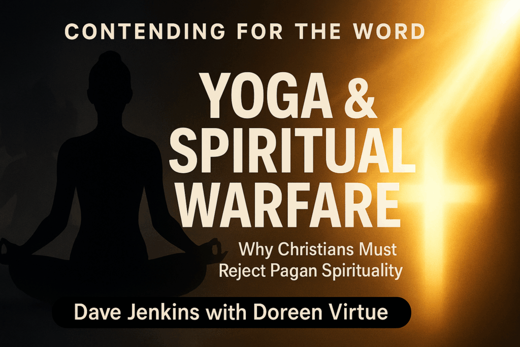 “A split thumbnail featuring a dark silhouette in a yoga pose on the left and a bright golden light on the right, with bold text reading ‘Yoga and Spiritual Warfare, Why Christians Must Reject Pagan Spirituality’ and Contending for the Word branding with Dave Jenkins and Doreen Virtue.