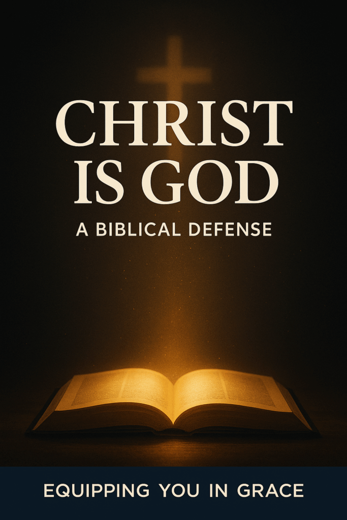 Why the Deity of Christ Matters for the Christian Worldview 1 Thumbnail showing an open Bible with radiant golden light rising upward and a cross silhouette, with text reading ‘Christ Is God, A Biblical Defense’ and Equipping You in Grace branding.