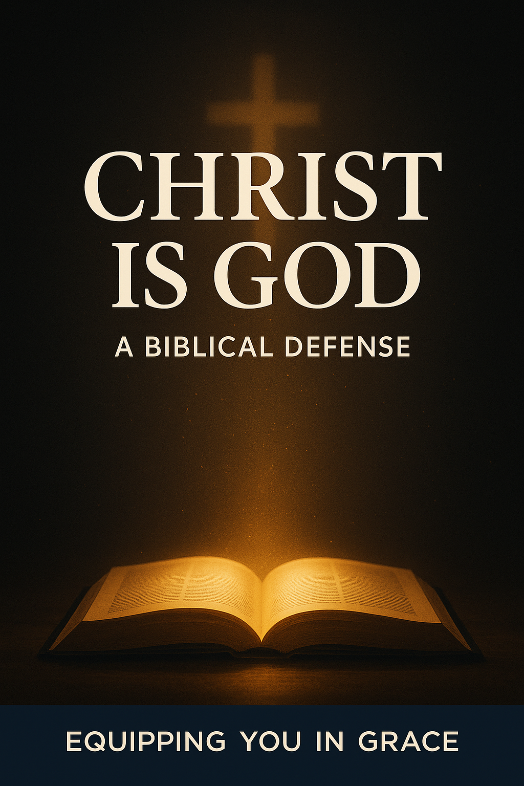 Thumbnail showing an open Bible with radiant golden light rising upward and a cross silhouette, with text reading ‘Christ Is God, A Biblical Defense’ and Equipping You in Grace branding.