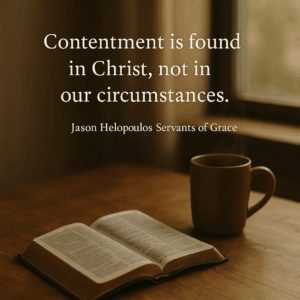 A warm morning scene with an open Bible and a mug on a wooden table near a window, symbolizing contentment and quiet trust in Christ.