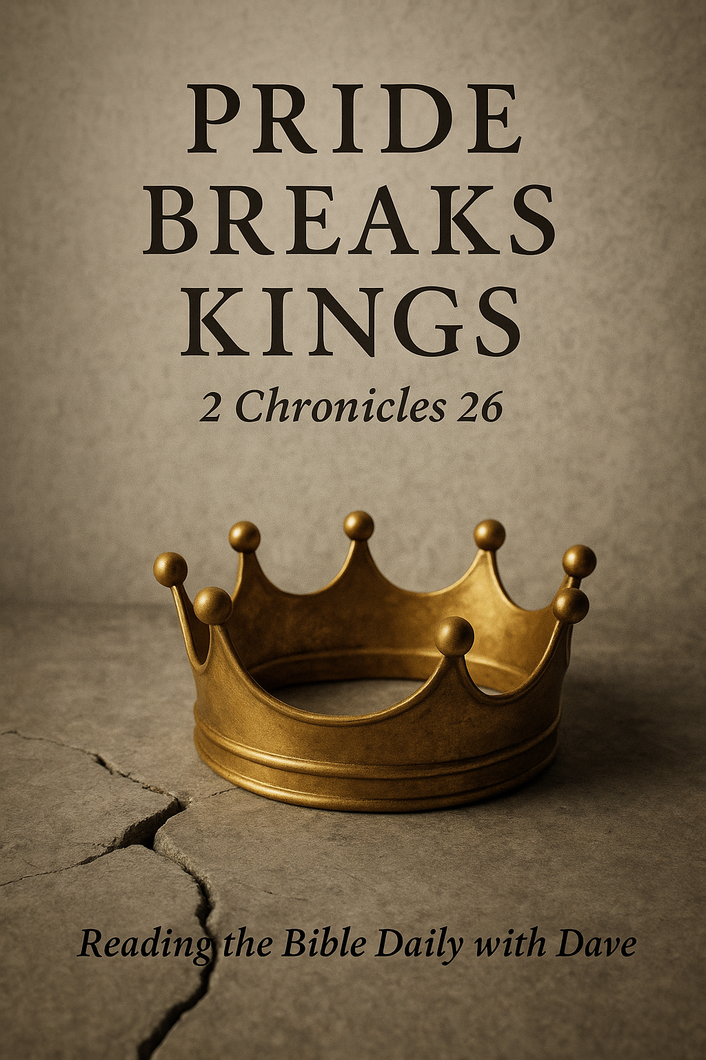 Gold crown resting on cracked stone, symbolizing King Uzziah’s pride and fall in 2 Chronicles 26, with elegant serif text reading “Pride Breaks Kings.”