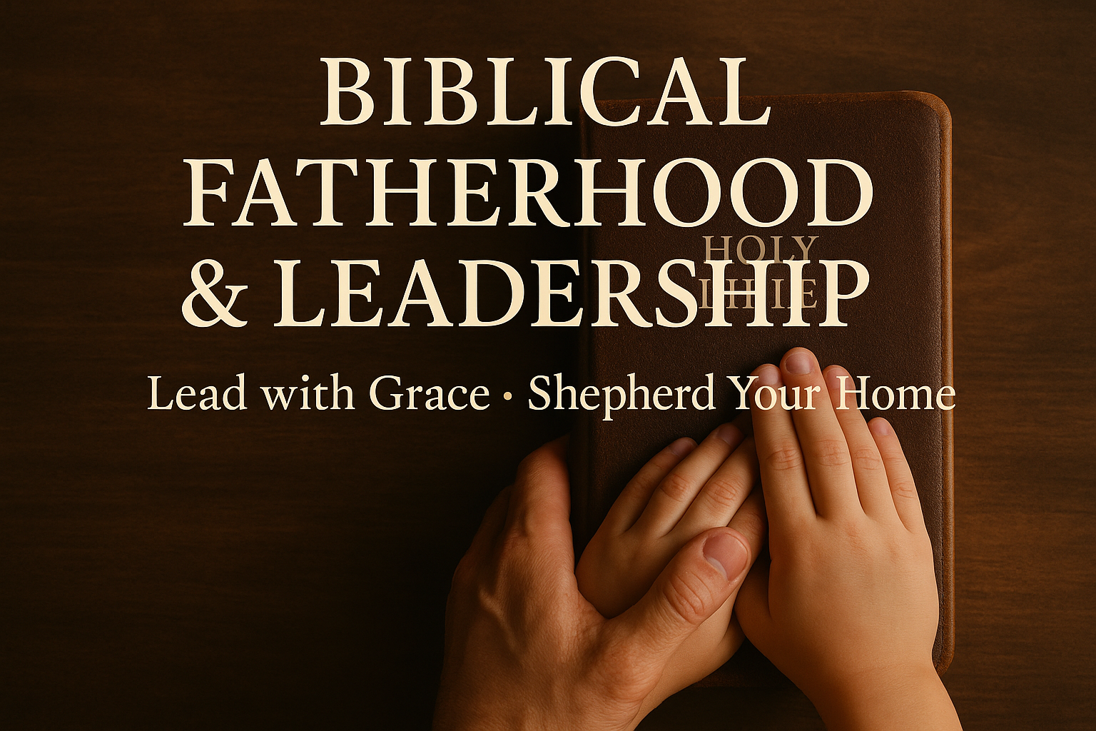 Father and child hands resting on a leather Bible on a wooden table, symbolizing biblical fatherhood and spiritual leadership, with warm soft tones and gentle pastoral lighting.
