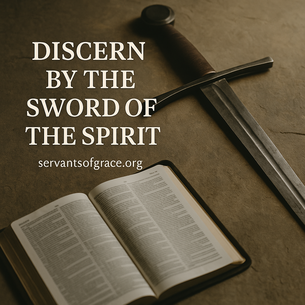 A Bible and a sword placed side by side on a stone surface with warm directional light, symbolizing biblical discernment and the call to test every revival by the Word of God. The text reads “Discern by the Sword of the Spirit” with the website servantsofgrace.org.