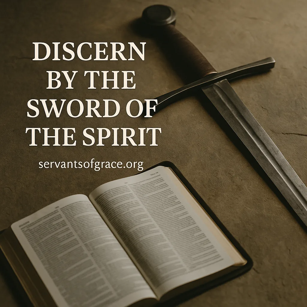 A Bible and a sword placed side by side on a stone surface with warm directional light, symbolizing biblical discernment and the call to test every revival by the Word of God. The text reads “Discern by the Sword of the Spirit” with the website servantsofgrace.org.