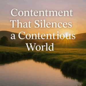 A peaceful sunrise over still waters and green pastures, with warm golden light spreading across the field and hills. The text reads “Contentment That Silences a Contentious World,” reflecting a message of quiet trust and contentment in Christ contrasted with the noise and conflict of the world.