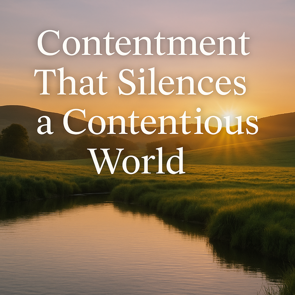 A peaceful sunrise over still waters and green pastures, with warm golden light spreading across the field and hills. The text reads “Contentment That Silences a Contentious World,” reflecting a message of quiet trust and contentment in Christ contrasted with the noise and conflict of the world.