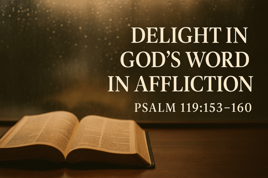 Open Bible by a window with light shining through rain, symbolizing God’s Word as a refuge in affliction.