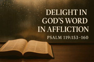 Open Bible by a window with light shining through rain, symbolizing God’s Word as a refuge in affliction.