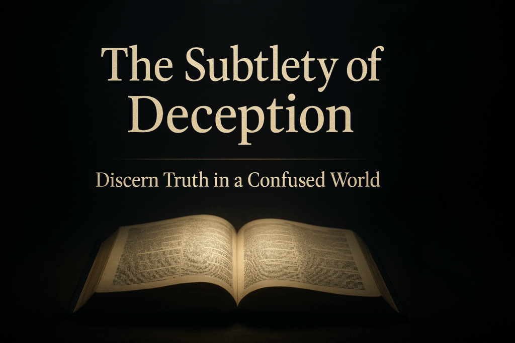 A softly lit open Bible on a dark, clouded background with a faint serpent-like shadow at the edge; bold text reads “The Subtlety of Deception” with the subline “Discern Truth in a Confused World,” conveying the quiet, subtle nature of falsehood and the need for Scriptural discernment.