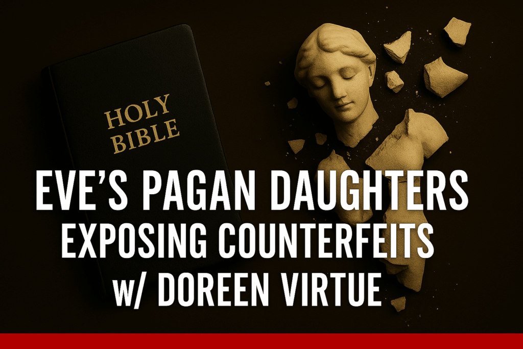 Eve’s Pagan Daughters: Exposing Counterfeits w/ Doreen Virtue 1 Open Bible on a dark wooden table with shattered pagan idol fragments nearby, symbolizing the light of Scripture exposing counterfeit spirituality.