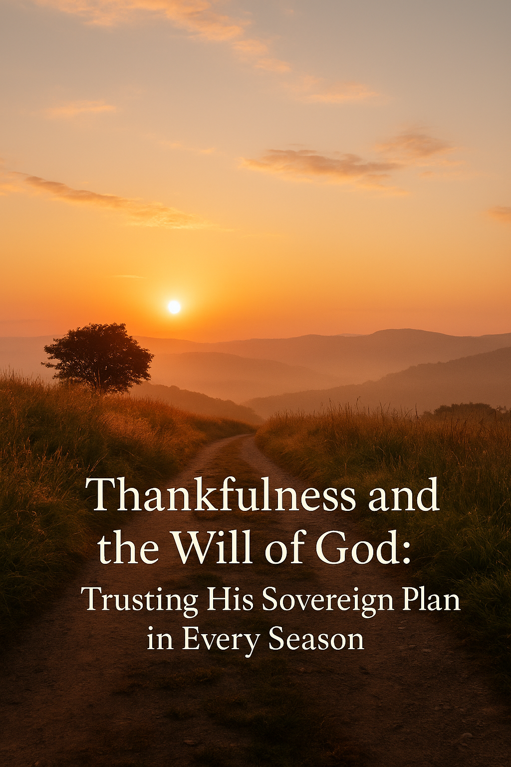 Sunrise over a quiet path through fields and hills, symbolizing trusting God's sovereign will and walking in His guidance with thankfulness.