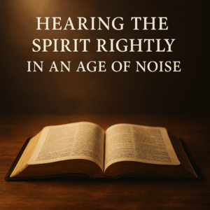 An open Bible rests on a wooden table in warm, soft light, with the title “Hearing the Spirit Rightly in an Age of Noise” above it, emphasizing the need for biblical discernment and listening to the Holy Spirit through Scripture.