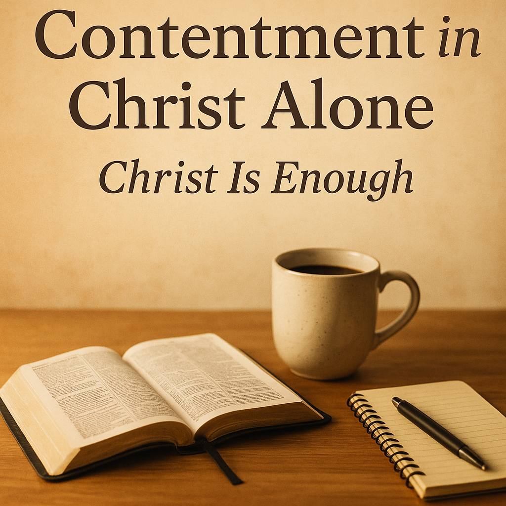 A warm, peaceful devotional scene with an open Bible on a wooden table, a coffee mug, and a journal with a pen. Soft golden light creates a quiet, reflective atmosphere. Text reads “Contentment in Christ Alone — Christ Is Enough,” emphasizing rest and satisfaction in Christ.