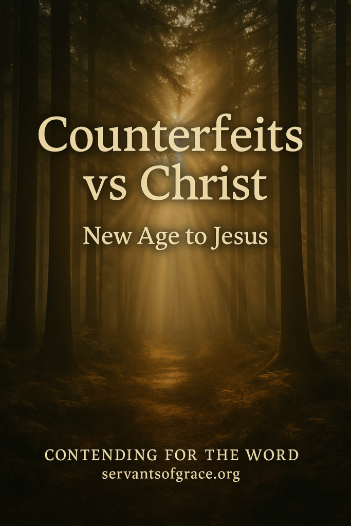 From Counterfeit to Christ: Exposing New Age Deceptions and Standing Firm in Truth 2 Golden morning light streaming through a forest canopy with soft rays illuminating a misty path. Text reads ‘Counterfeits vs Christ – New Age to Jesus’ with ‘Contending for the Word | servantsofgrace.org’ below, symbolizing God’s truth shining through spiritual deception and leading from darkness to light.