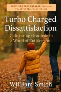 Parent and child walking hand in hand along a leaf-covered autumn path, symbolizing teaching gratitude and contentment in everyday life, with warm golden sunlight and soft fall colors reflecting a peaceful, family-centered tone