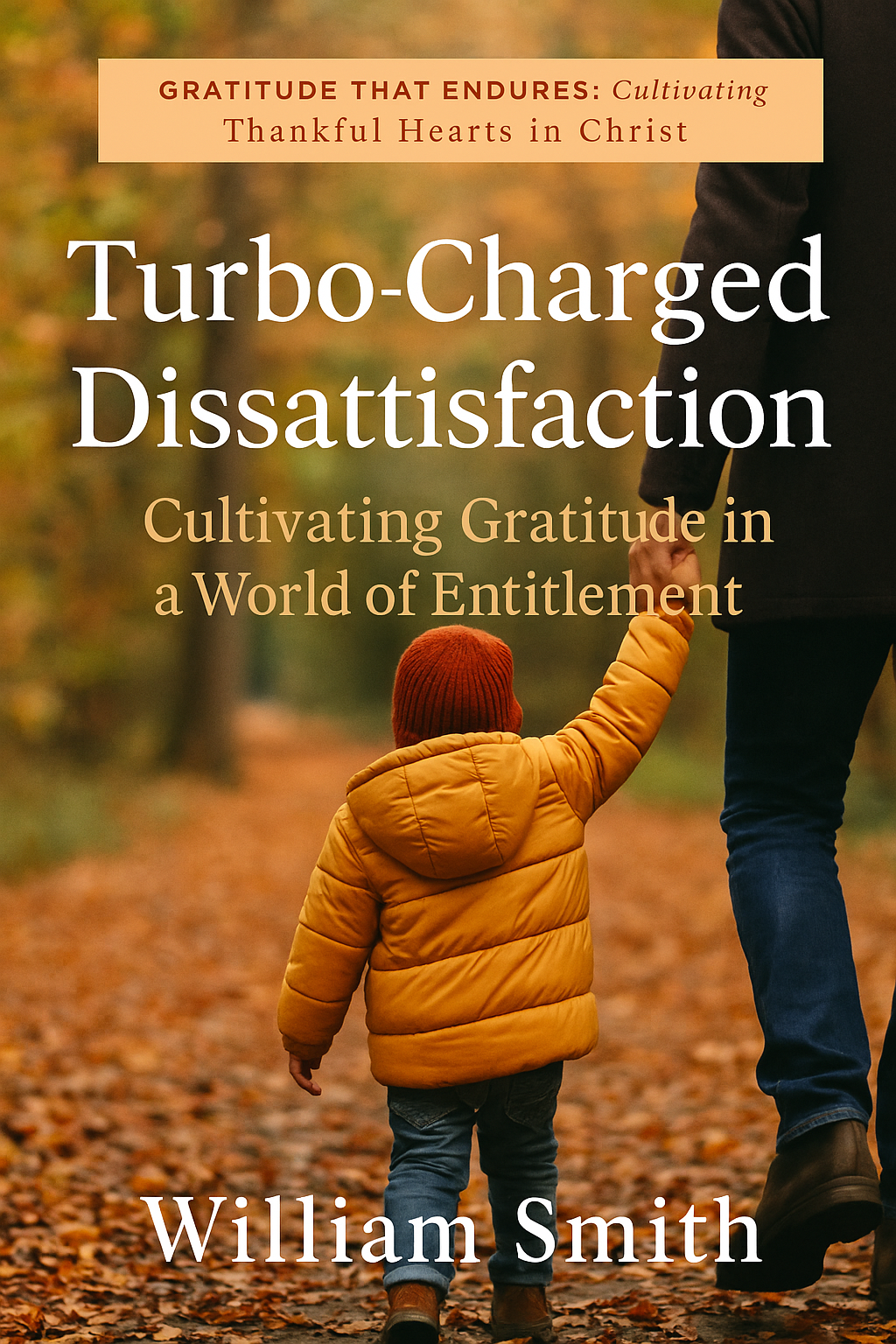 Parent and child walking hand in hand along a leaf-covered autumn path, symbolizing teaching gratitude and contentment in everyday life, with warm golden sunlight and soft fall colors reflecting a peaceful, family-centered tone