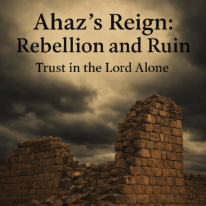 Crumbling stone wall beneath dark storm clouds, symbolizing the downfall of Ahaz through rebellion and misplaced trust.