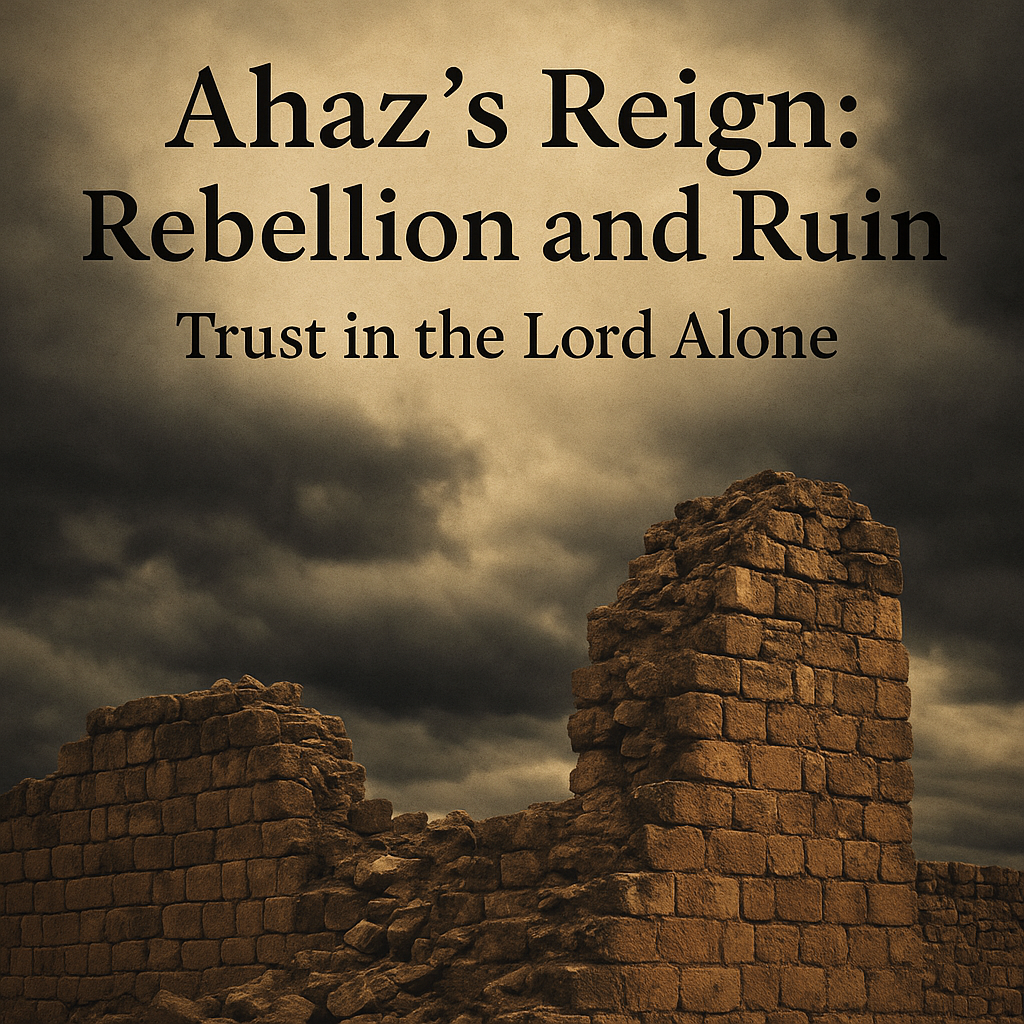 Crumbling stone wall beneath dark storm clouds, symbolizing the downfall of Ahaz through rebellion and misplaced trust.