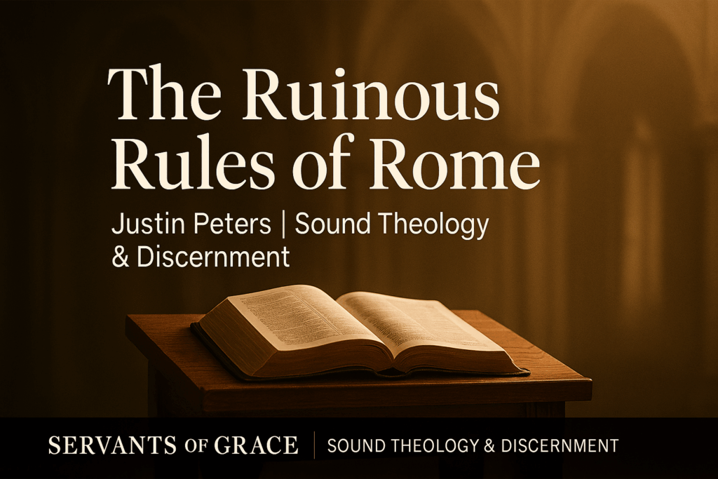 The Ruinous Rules of Rome: A Biblical Response to Roman Catholicism 3 Open Bible on a wooden pulpit with soft light and faint cathedral arches, representing a biblical evaluation of Roman Catholicism through the Five Solas.