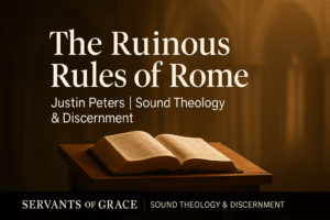 Open Bible on a wooden pulpit with soft light and faint cathedral arches, representing a biblical evaluation of Roman Catholicism through the Five Solas.