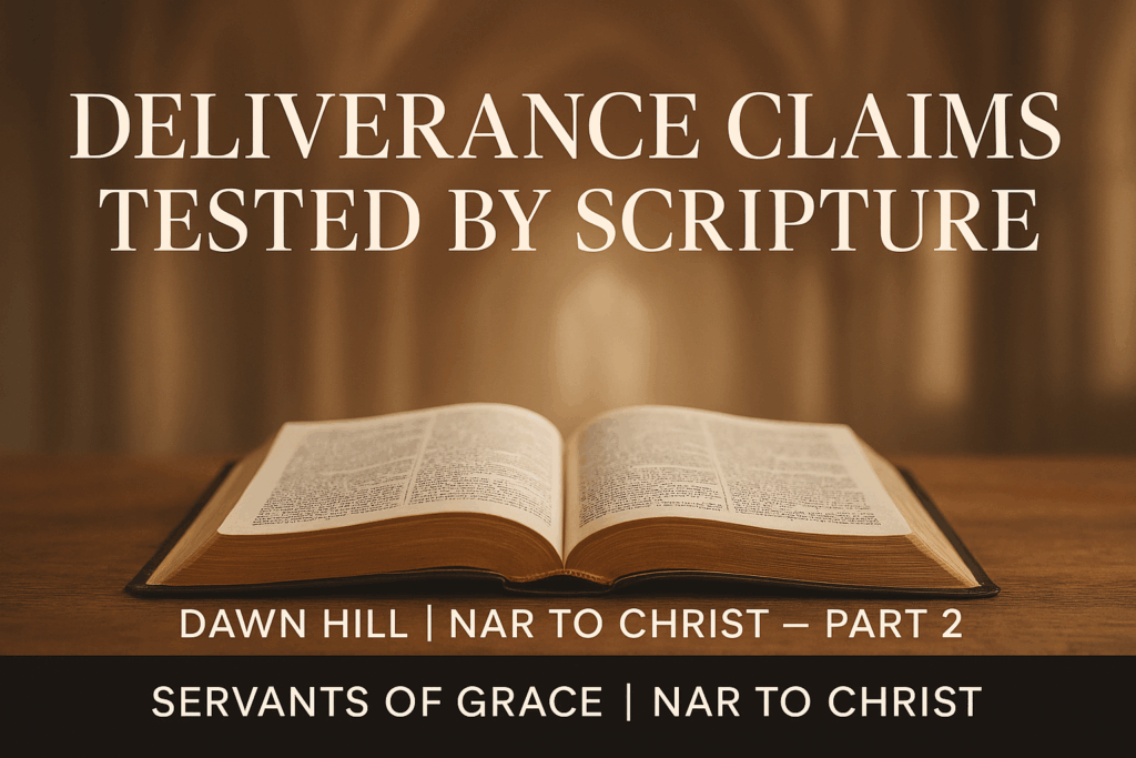 Open Bible in warm light with faint cathedral arches, symbolizing testing deliverance claims by Scripture.