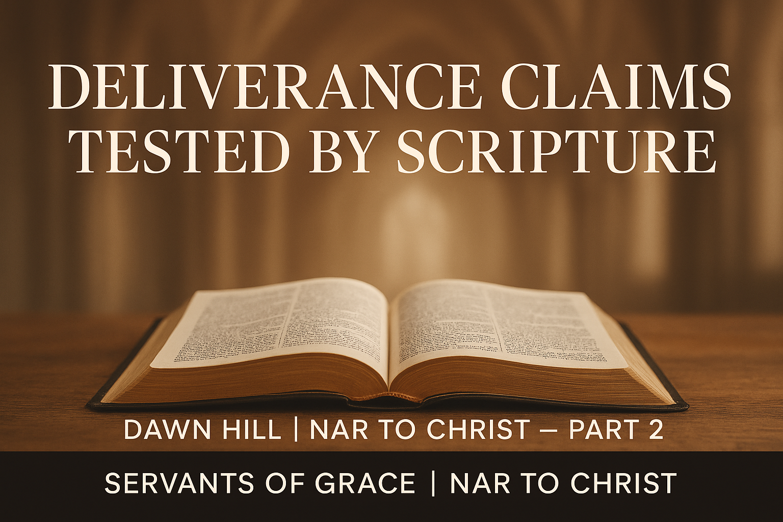 Open Bible in warm light with faint cathedral arches, symbolizing testing deliverance claims by Scripture.