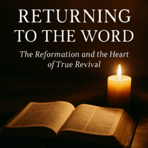 An open Bible resting on a wooden table illuminated by the warm glow of a single candle, symbolizing the rediscovery of God’s Word and the light of truth during the Reformation