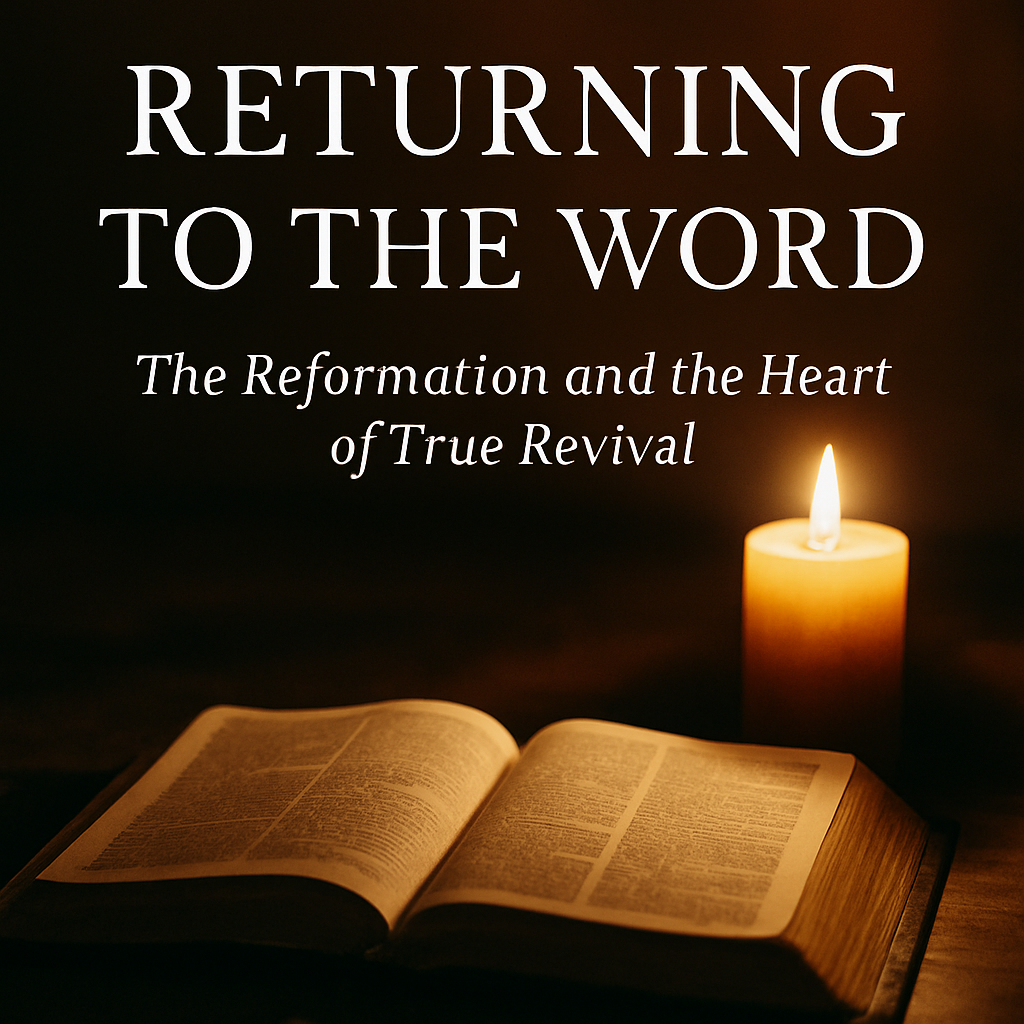 An open Bible resting on a wooden table illuminated by the warm glow of a single candle, symbolizing the rediscovery of God’s Word and the light of truth during the Reformation