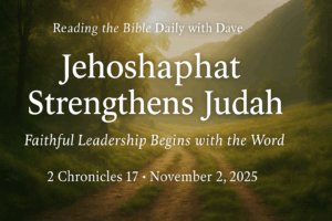 A peaceful morning path through a forest with sunlight breaking through the trees, symbolizing walking with God in faith and strength. Text reads: “Reading the Bible Daily with Dave — Jehoshaphat Strengthens Judah. Faithful Leadership Begins with the Word. 2 Chronicles 17 · November 2, 2025.