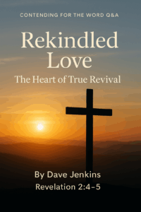 A silhouetted wooden cross stands on a hill as the sun rises behind it, casting warm golden and blue hues across the sky. The overlay text reads “Contending for the Word Q&A,” “Rekindled Love: The Heart of True Revival,” and “By Dave Jenkins · Revelation 2:4–5,” symbolizing repentance, renewal, and restored love for Christ.