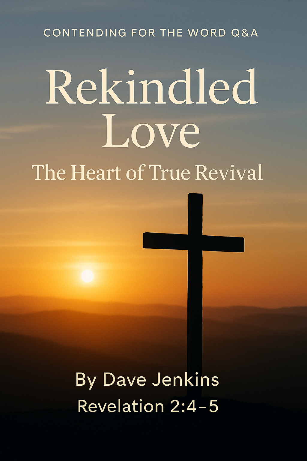 A silhouetted wooden cross stands on a hill as the sun rises behind it, casting warm golden and blue hues across the sky. The overlay text reads “Contending for the Word Q&A,” “Rekindled Love: The Heart of True Revival,” and “By Dave Jenkins · Revelation 2:4–5,” symbolizing repentance, renewal, and restored love for Christ.