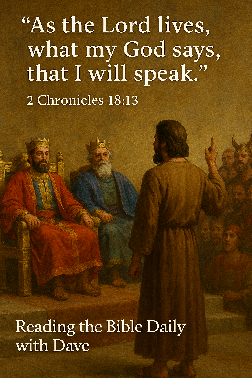 Prophet Micaiah standing alone before King Ahab and Jehoshaphat, symbolizing courage to speak God’s truth even when surrounded by false prophets.