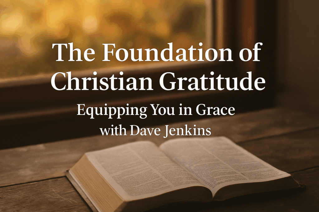 An open Bible resting on a wooden table near a sunlit window, bathed in warm autumn light. The overlay text reads “The Foundation of Christian Gratitude – Equipping You in Grace with Dave Jenkins,” symbolizing thanksgiving grounded in God’s unchanging Word.