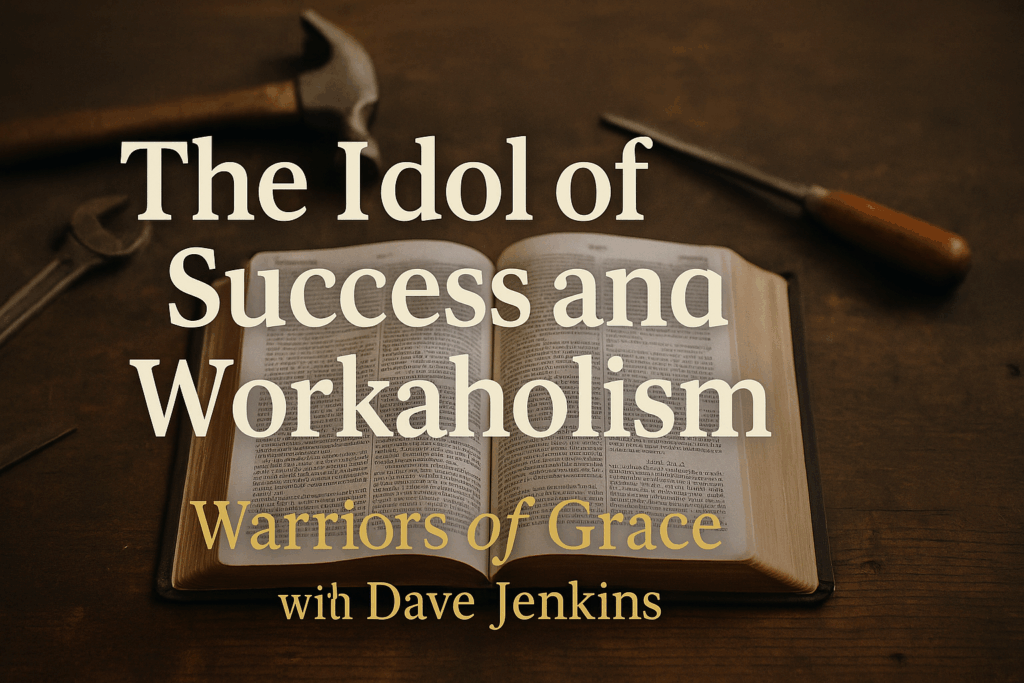 The Idol of Success and Workaholism 3 Open Bible resting on a workbench surrounded by tools, symbolizing God’s Word guiding men to redeem work and success through Christ.
