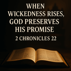 Open Bible illuminated in dramatic low light with a faint throne shadow behind it, symbolizing God preserving the Davidic line during the dark events of 2 Chronicles 22.