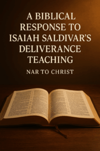 Open Bible on a wooden table lit by warm golden light, with the title “A Biblical Response to Isaiah Saldivar’s Deliverance Teaching” and the subtitle “NAR to Christ” above it, representing biblical clarity and discernment.