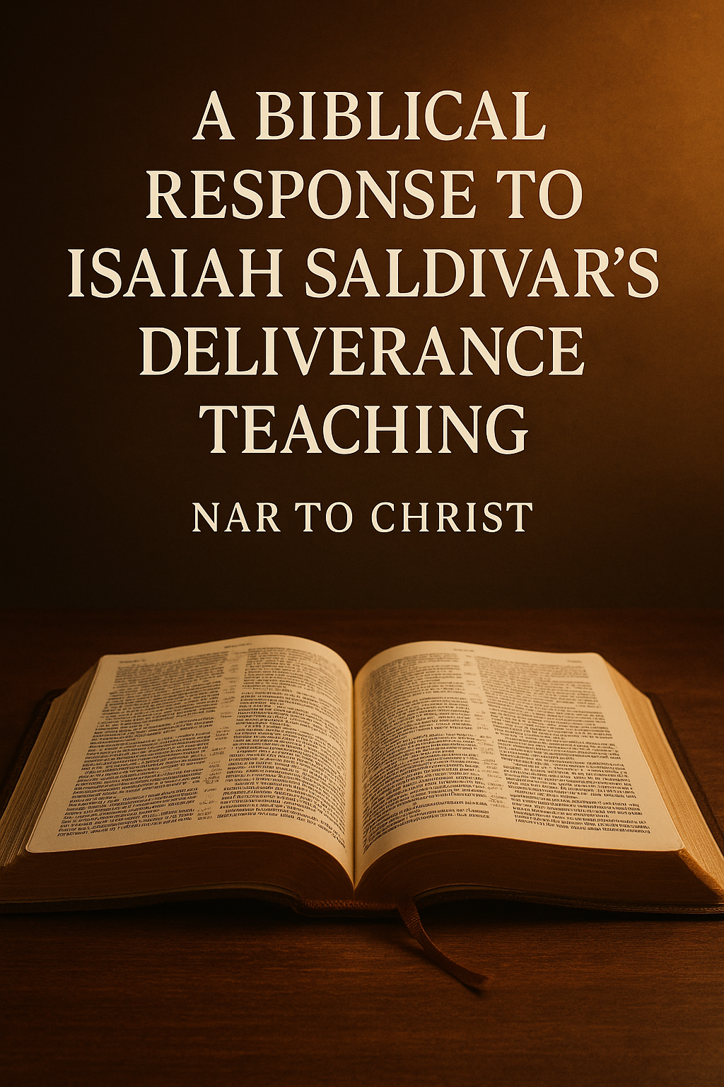 Open Bible on a wooden table lit by warm golden light, with the title “A Biblical Response to Isaiah Saldivar’s Deliverance Teaching” and the subtitle “NAR to Christ” above it, representing biblical clarity and discernment.