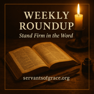 Aged Bible with candlelight and quill on wooden desk, symbolizing Reformation faithfulness and the call to stand firm in God’s Word.