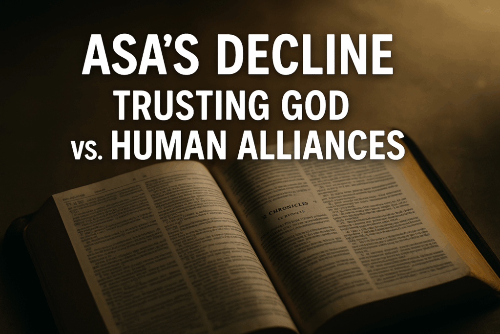 2 Chronicles 16 – Asa’s Decline: Trusting God vs. Human Alliances | Nov 1, 2025 3 An open Bible rests on a wooden surface under warm, fading light, showing 2 Chronicles 16. The bold white title reads ‘ASA’S DECLINE’ and beneath it, ‘TRUSTING GOD vs. HUMAN ALLIANCES,’ symbolizing the contrast between divine dependence and human reliance.