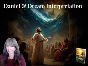 A biblical scene depicting Daniel interpreting a dream before a king and gathered listeners, with dramatic heavenly imagery above. In the foreground is a portrait of Doreen Virtue, and a copy of her book “From Counterfeit to Christ” appears in the corner. Text at the top reads “Daniel & Dream Interpretation.