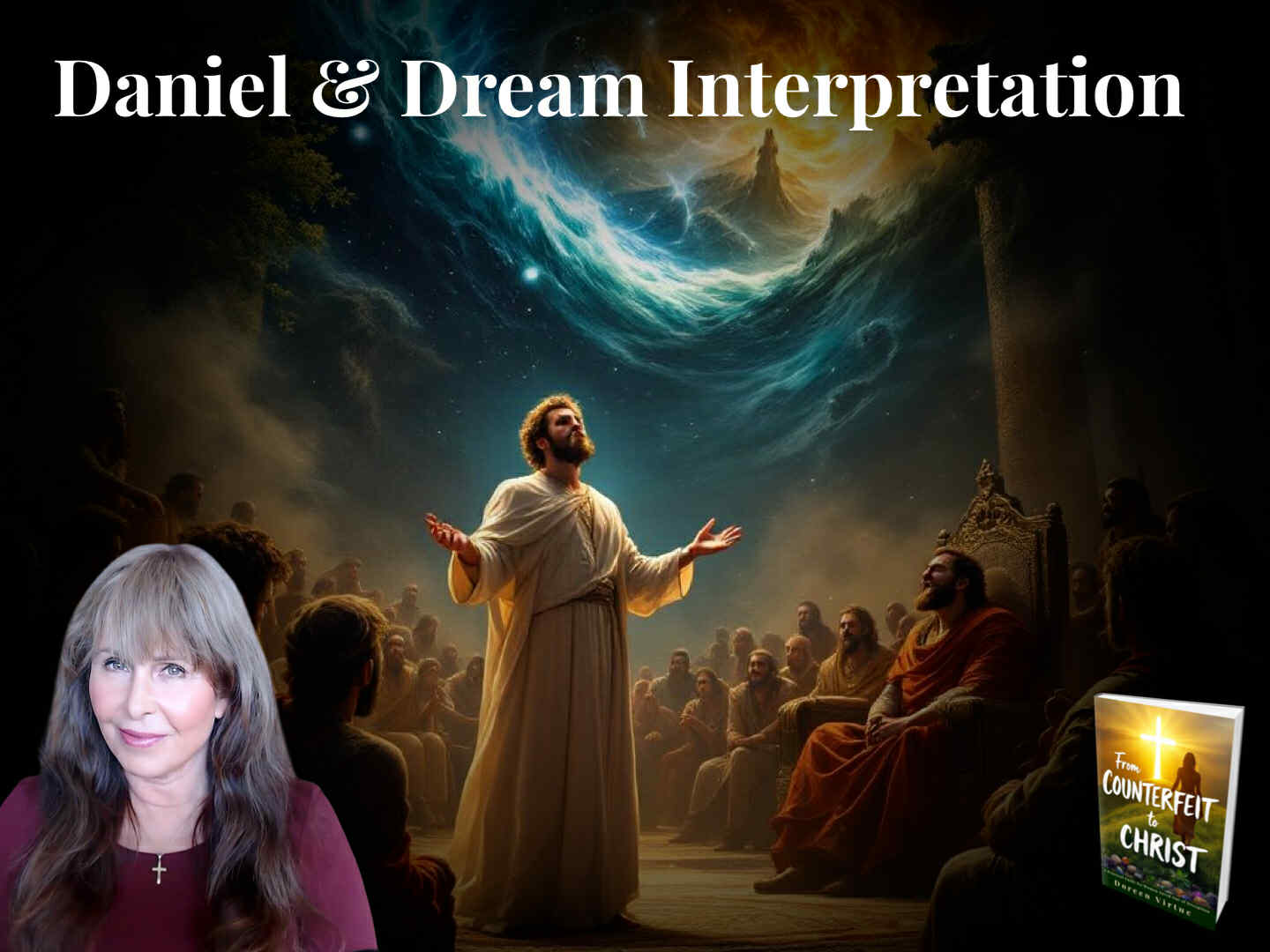 A biblical scene depicting Daniel interpreting a dream before a king and gathered listeners, with dramatic heavenly imagery above. In the foreground is a portrait of Doreen Virtue, and a copy of her book “From Counterfeit to Christ” appears in the corner. Text at the top reads “Daniel & Dream Interpretation.