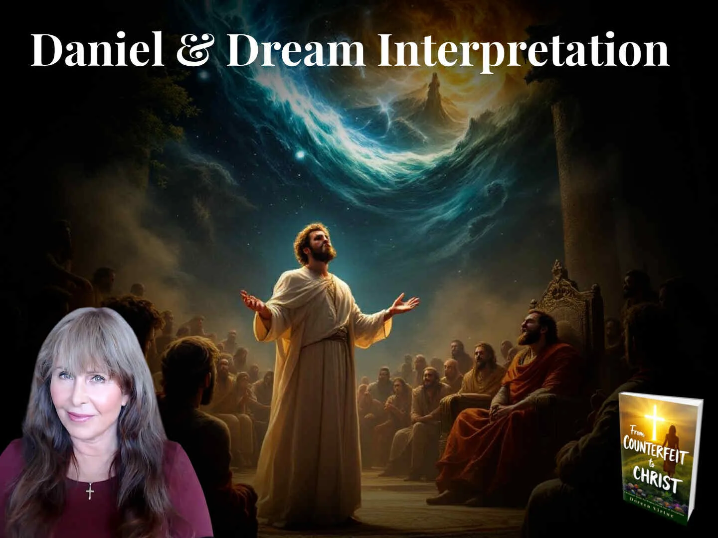 A biblical scene depicting Daniel interpreting a dream before a king and gathered listeners, with dramatic heavenly imagery above. In the foreground is a portrait of Doreen Virtue, and a copy of her book “From Counterfeit to Christ” appears in the corner. Text at the top reads “Daniel & Dream Interpretation.