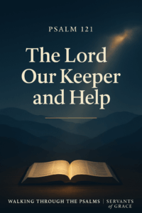 Open Bible glowing with warm golden light beneath dark blue mountain silhouettes and a soft beam of light above, with the title ‘Psalm 121, The Lord Our Keeper and Help’ displayed in elegant serif text.