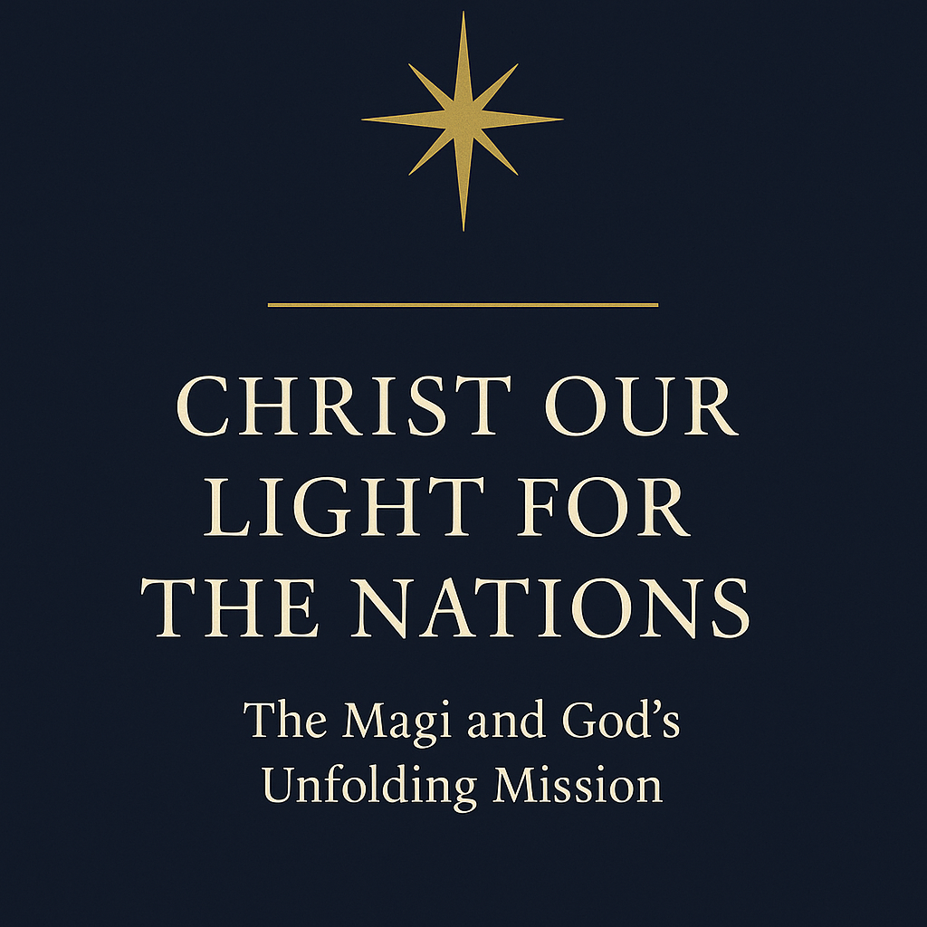 Minimalist Advent graphic featuring a gold star above a thin gold divider with the title “Christ Our Light for the Nations” and subtitle “The Magi and God’s Unfolding Mission” on a dark navy background.
